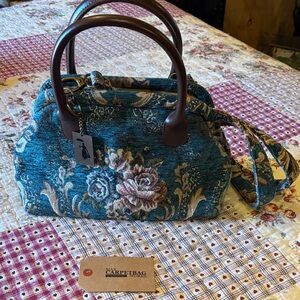 Vintage Floral Tapestry Satchel - Teal and Brown
